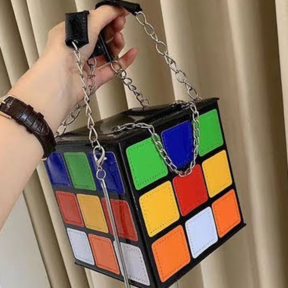 Rubix Cube Handbag, 5in, Chainlink Side Handles, Zipper Closure, *Used*